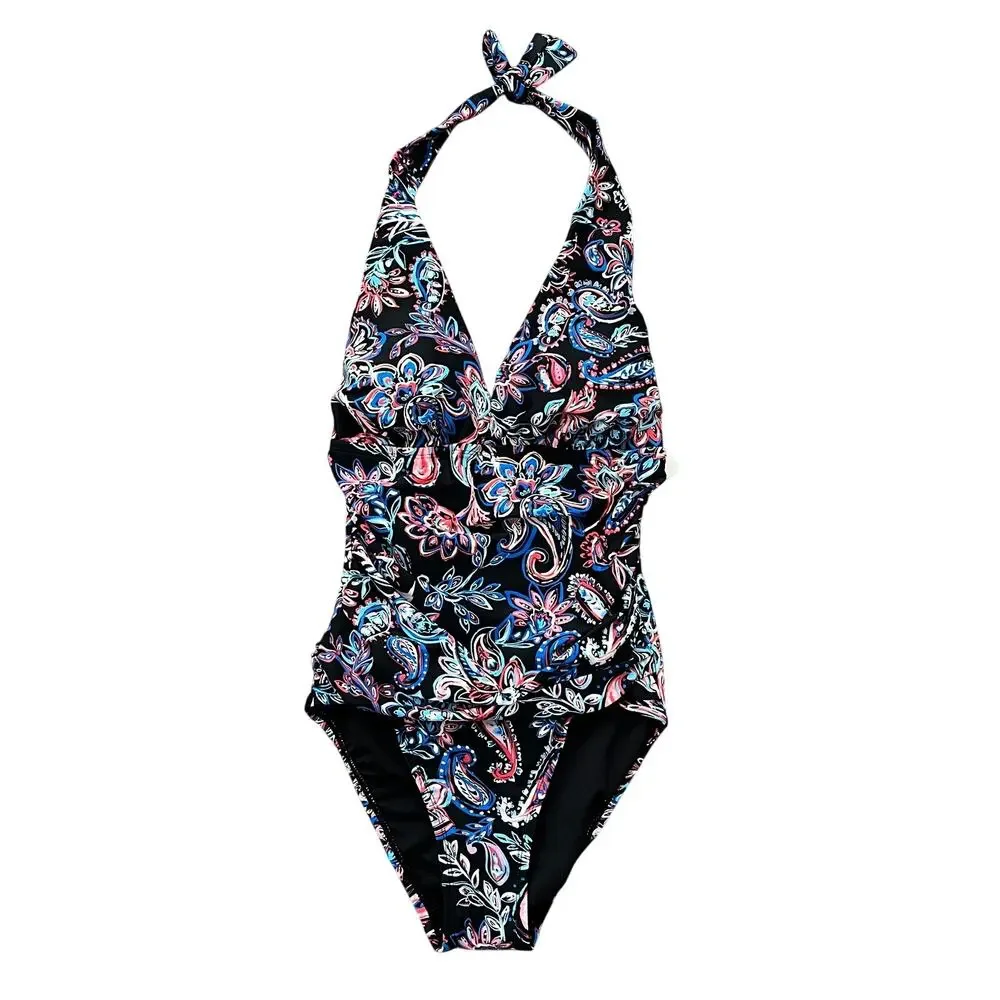 Time&Tru‎ Womens Carnival Paisley Halter Multicolor One Piece Swimsuit Small NWT